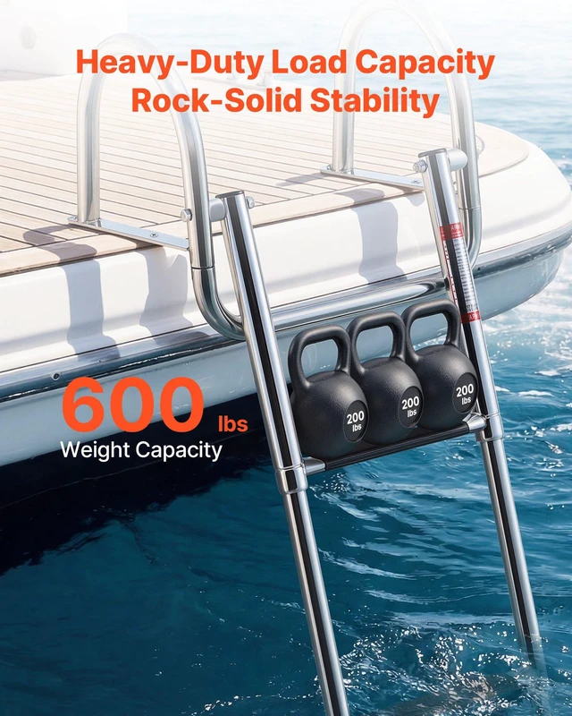Alt view image 4 of 7 - VEVOR Boat Ladder, 3 Steps, Stainless Steel Telescoping Folding Swim Deck Ladder for Rear Entry Inboard, 600 lbs Capacity with Wide Anti-Slip Steps & Handrails, for Outboards, Yacht, Pontoon Boats