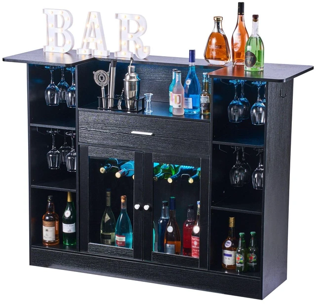 Main image of VEVOR Home Bar Unit, Wine Bar Cabinet Table 4-Tier with Storage Drawer Shelves, Wine Glass Holder, Bottle Rack, LED Light, Wood & Metal Liquor Cabinet for Home, Basement, Kitchen, Living Room, Black