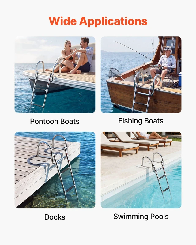 Alt view image 6 of 7 - VEVOR Boat Ladder, 3 Steps, Stainless Steel Telescoping Folding Swim Deck Ladder for Rear Entry Inboard, 600 lbs Capacity with Wide Anti-Slip Steps & Handrails, for Outboards, Yacht, Pontoon Boats