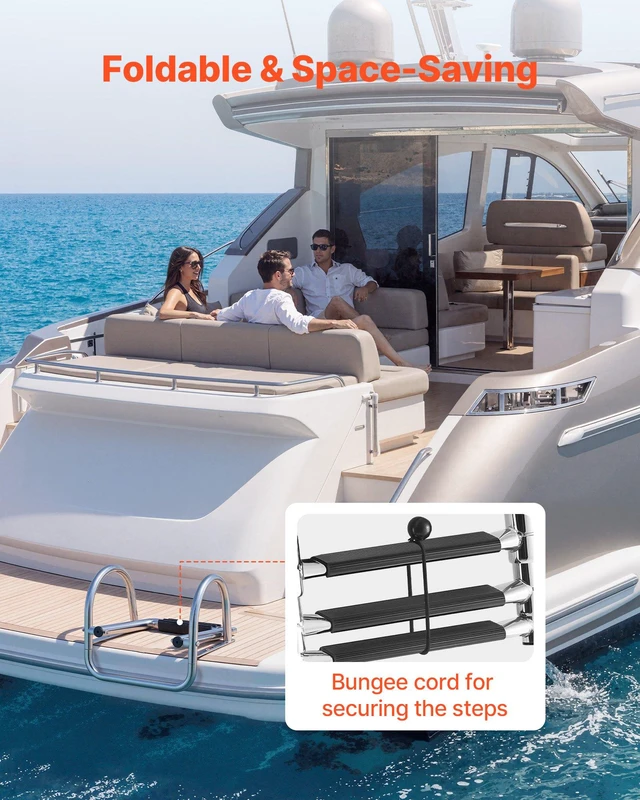 Alt view image 5 of 7 - VEVOR Boat Ladder, 3 Steps, Stainless Steel Telescoping Folding Swim Deck Ladder for Rear Entry Inboard, 600 lbs Capacity with Wide Anti-Slip Steps & Handrails, for Outboards, Yacht, Pontoon Boats