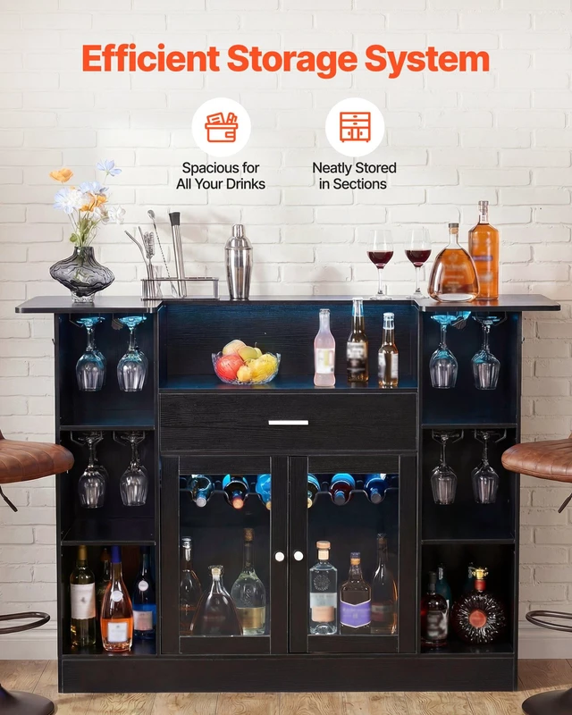 Alt view image 3 of 8 - VEVOR Home Bar Unit, Wine Bar Cabinet Table 4-Tier with Storage Drawer Shelves, Wine Glass Holder, Bottle Rack, LED Light, Wood & Metal Liquor Cabinet for Home, Basement, Kitchen, Living Room, Black