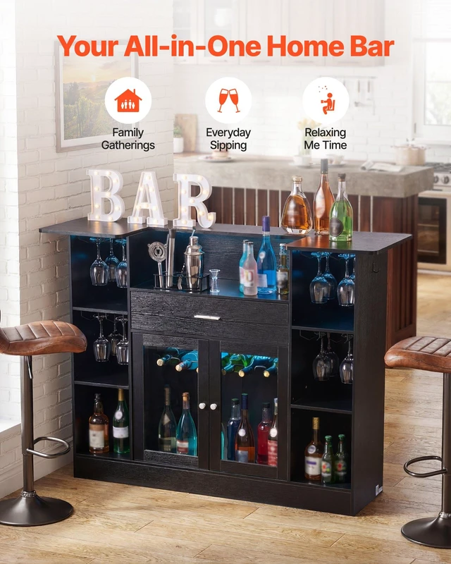 Alt view image 2 of 8 - VEVOR Home Bar Unit, Wine Bar Cabinet Table 4-Tier with Storage Drawer Shelves, Wine Glass Holder, Bottle Rack, LED Light, Wood & Metal Liquor Cabinet for Home, Basement, Kitchen, Living Room, Black