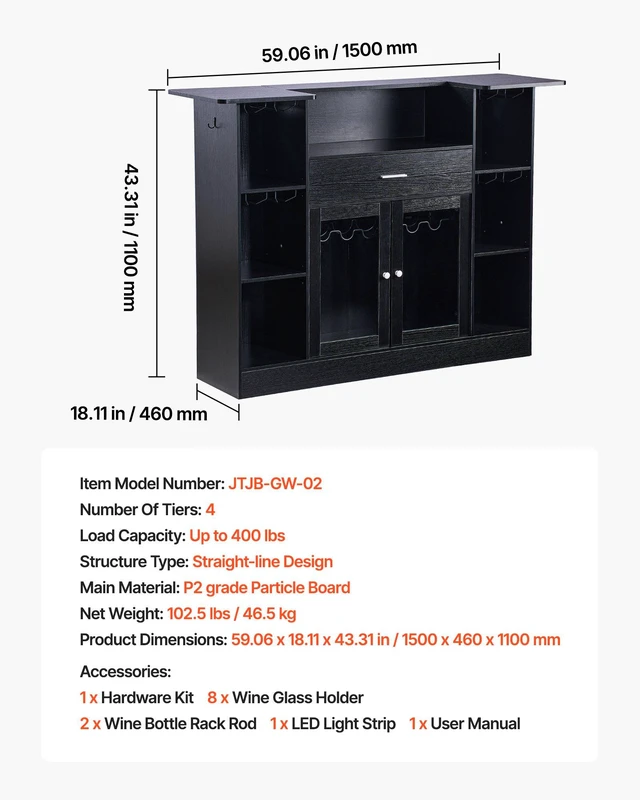 Alt view image 7 of 8 - VEVOR Home Bar Unit, Wine Bar Cabinet Table 4-Tier with Storage Drawer Shelves, Wine Glass Holder, Bottle Rack, LED Light, Wood & Metal Liquor Cabinet for Home, Basement, Kitchen, Living Room, Black