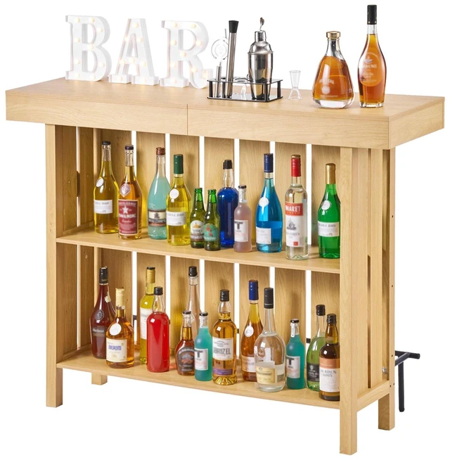 Main image of VEVOR Home Bar Unit, Wine Bar Cabinet Table 3-Tier with Storage Shelves, Opener Storage Box & Adjustable Foot Pads, Black Footrest, Wood & Metal Liquor Cabinet for Home, Basement, Kitchen, Living Room