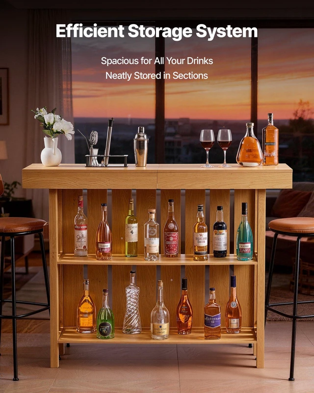 Alt view image 3 of 8 - VEVOR Home Bar Unit, Wine Bar Cabinet Table 3-Tier with Storage Shelves, Opener Storage Box & Adjustable Foot Pads, Black Footrest, Wood & Metal Liquor Cabinet for Home, Basement, Kitchen, Living Room