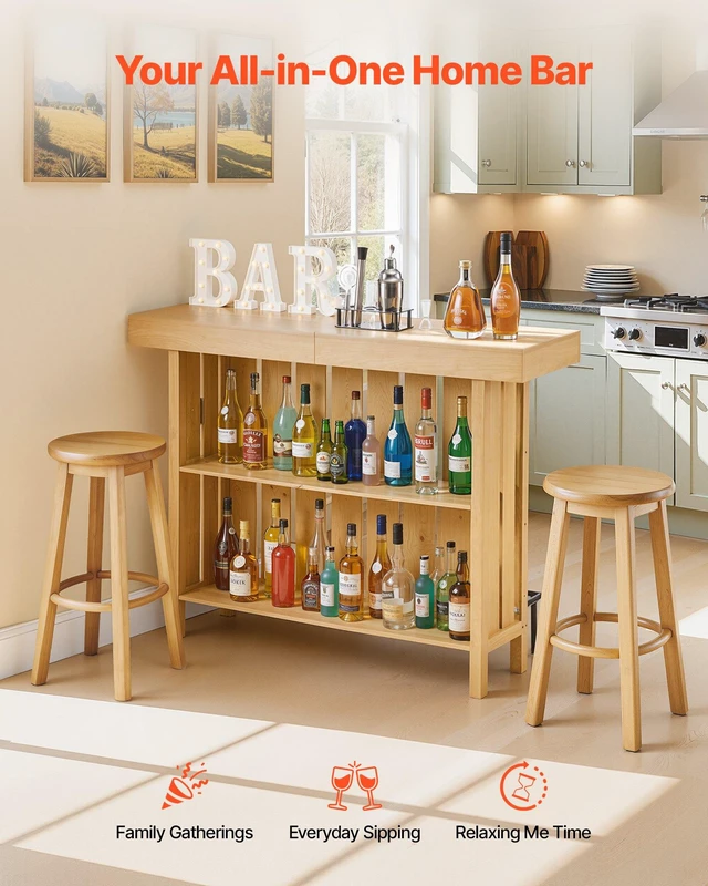 Alt view image 2 of 8 - VEVOR Home Bar Unit, Wine Bar Cabinet Table 3-Tier with Storage Shelves, Opener Storage Box & Adjustable Foot Pads, Black Footrest, Wood & Metal Liquor Cabinet for Home, Basement, Kitchen, Living Room