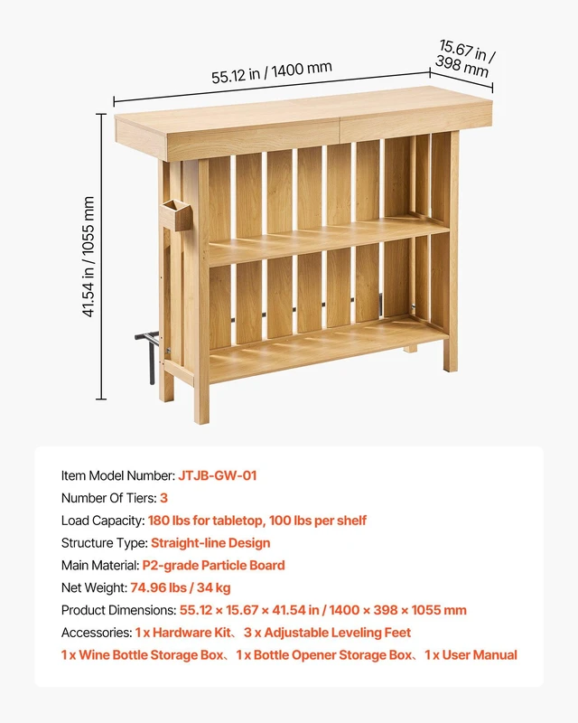 Alt view image 7 of 8 - VEVOR Home Bar Unit, Wine Bar Cabinet Table 3-Tier with Storage Shelves, Opener Storage Box & Adjustable Foot Pads, Black Footrest, Wood & Metal Liquor Cabinet for Home, Basement, Kitchen, Living Room