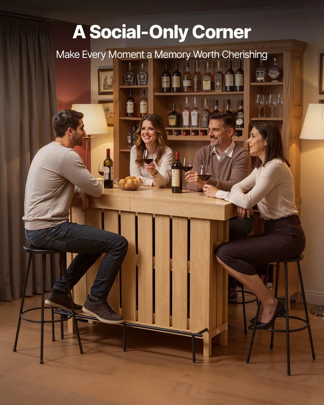 Alt view image 6 of 8 - VEVOR Home Bar Unit, Wine Bar Cabinet Table 3-Tier with Storage Shelves, Opener Storage Box & Adjustable Foot Pads, Black Footrest, Wood & Metal Liquor Cabinet for Home, Basement, Kitchen, Living Room