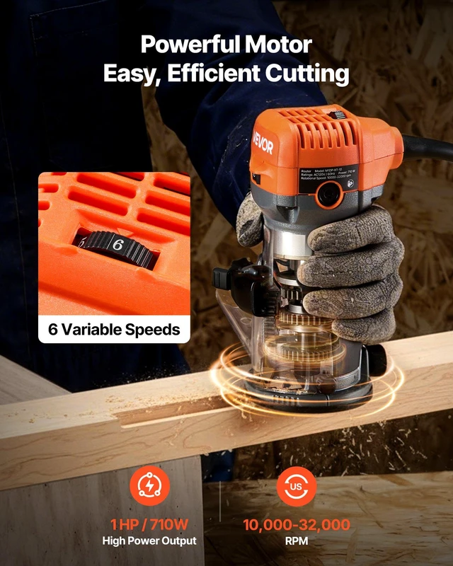 Alt view image 2 of 8 - VEVOR Wood Router, 1 HP 710W, Variable Speed Palm Router Tool with 1/4 in Collet, Compact Edge Wood Trimmer with Fixed, Plunge & Tilt Base, Soft Start, for Woodworking, Trimming, DIY Projects, Corded