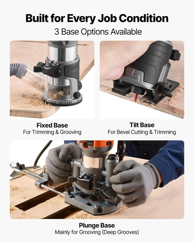 Alt view image 5 of 8 - VEVOR Wood Router, 1 HP 710W, Variable Speed Palm Router Tool with 1/4 in Collet, Compact Edge Wood Trimmer with Fixed, Plunge & Tilt Base, Soft Start, for Woodworking, Trimming, DIY Projects, Corded