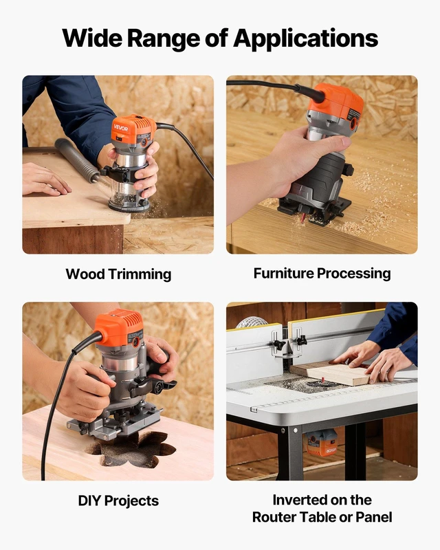 Alt view image 6 of 8 - VEVOR Wood Router, 1 HP 710W, Variable Speed Palm Router Tool with 1/4 in Collet, Compact Edge Wood Trimmer with Fixed, Plunge & Tilt Base, Soft Start, for Woodworking, Trimming, DIY Projects, Corded