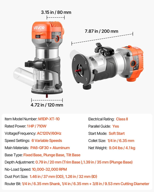 Alt view image 7 of 8 - VEVOR Wood Router, 1 HP 710W, Variable Speed Palm Router Tool with 1/4 in Collet, Compact Edge Wood Trimmer with Fixed, Plunge & Tilt Base, Soft Start, for Woodworking, Trimming, DIY Projects, Corded