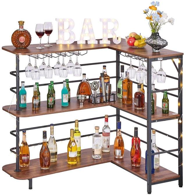 Main image of VEVOR Home Bar Unit, L-Shaped Wine Bar Cabinet Table 3-Tier with Storage Shelves, Adjustable Foot Pads, LED Light, Walnut Finish & Metal Frame Liquor Cabinet for Home, Kitchen,Living Room,Pub,Basement