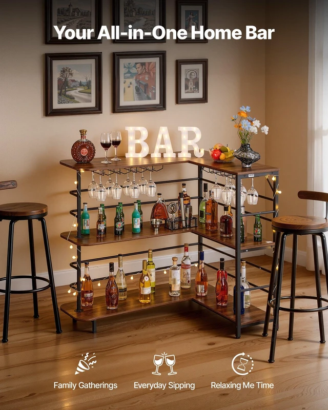 Alt view image 2 of 8 - VEVOR Home Bar Unit, L-Shaped Wine Bar Cabinet Table 3-Tier with Storage Shelves, Adjustable Foot Pads, LED Light, Walnut Finish & Metal Frame Liquor Cabinet for Home, Kitchen,Living Room,Pub,Basement