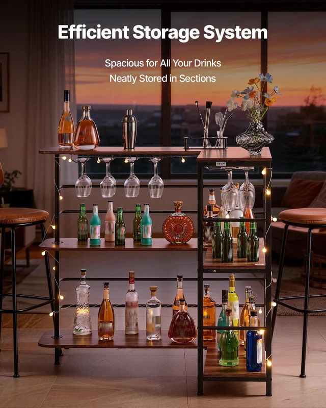 Alt view image 3 of 8 - VEVOR Home Bar Unit, L-Shaped Wine Bar Cabinet Table 3-Tier with Storage Shelves, Adjustable Foot Pads, LED Light, Walnut Finish & Metal Frame Liquor Cabinet for Home, Kitchen,Living Room,Pub,Basement