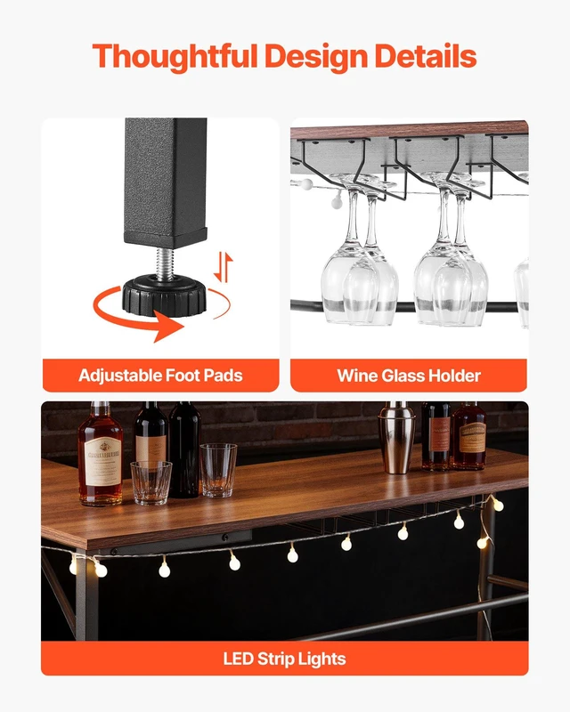 Alt view image 5 of 8 - VEVOR Home Bar Unit, L-Shaped Wine Bar Cabinet Table 3-Tier with Storage Shelves, Adjustable Foot Pads, LED Light, Walnut Finish & Metal Frame Liquor Cabinet for Home, Kitchen,Living Room,Pub,Basement