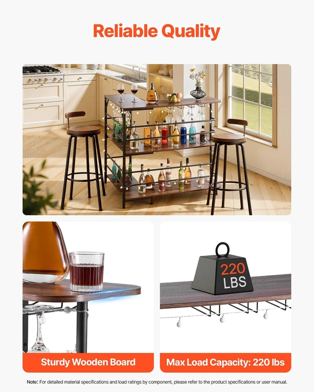 Alt view image 4 of 8 - VEVOR Home Bar Unit, L-Shaped Wine Bar Cabinet Table 3-Tier with Storage Shelves, Adjustable Foot Pads, LED Light, Walnut Finish & Metal Frame Liquor Cabinet for Home, Kitchen,Living Room,Pub,Basement