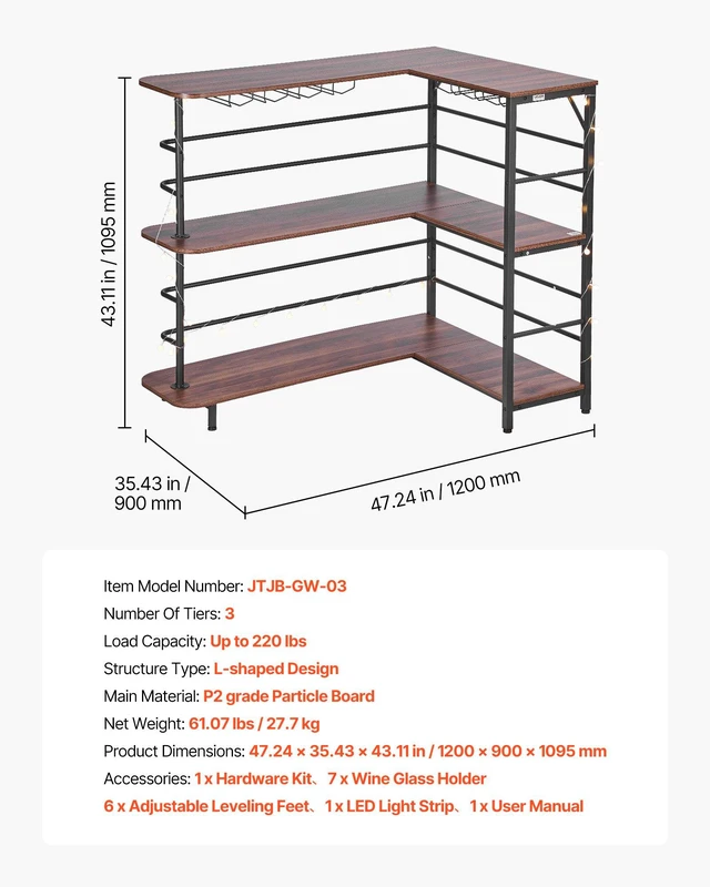 Alt view image 7 of 8 - VEVOR Home Bar Unit, L-Shaped Wine Bar Cabinet Table 3-Tier with Storage Shelves, Adjustable Foot Pads, LED Light, Walnut Finish & Metal Frame Liquor Cabinet for Home, Kitchen,Living Room,Pub,Basement