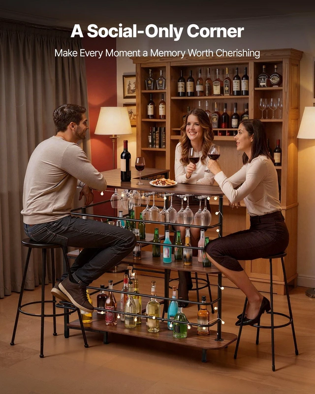Alt view image 6 of 8 - VEVOR Home Bar Unit, L-Shaped Wine Bar Cabinet Table 3-Tier with Storage Shelves, Adjustable Foot Pads, LED Light, Walnut Finish & Metal Frame Liquor Cabinet for Home, Kitchen,Living Room,Pub,Basement