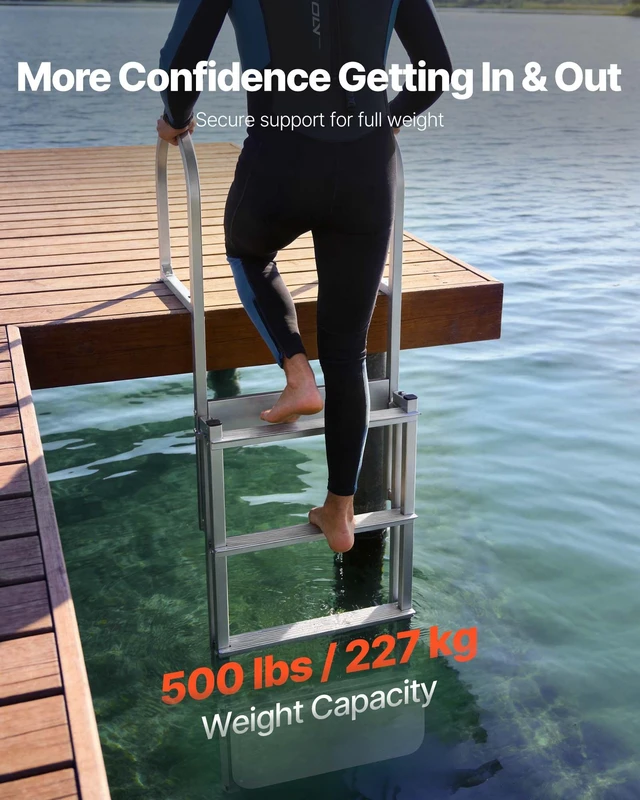 Alt view image 2 of 8 - VEVOR Retractable Dock Ladder, 4 Steps, Aluminum Alloy Pontoon Boat Swim Ladder with Auto-Lift Float, Non-Slip Wide Steps, 500 lbs Weight Capacity, Adjustable Height, for Lake Pool Marine Boarding
