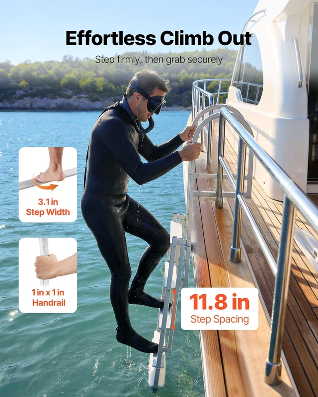 Alt view image 5 of 8 - VEVOR Retractable Dock Ladder, 4 Steps, Aluminum Alloy Pontoon Boat Swim Ladder with Auto-Lift Float, Non-Slip Wide Steps, 500 lbs Weight Capacity, Adjustable Height, for Lake Pool Marine Boarding