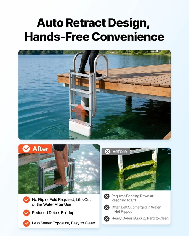 Alt view image 4 of 8 - VEVOR Retractable Dock Ladder, 4 Steps, Aluminum Alloy Pontoon Boat Swim Ladder with Auto-Lift Float, Non-Slip Wide Steps, 500 lbs Weight Capacity, Adjustable Height, for Lake Pool Marine Boarding
