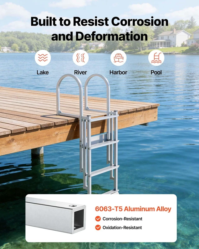 Alt view image 6 of 8 - VEVOR Retractable Dock Ladder, 4 Steps, Aluminum Alloy Pontoon Boat Swim Ladder with Auto-Lift Float, Non-Slip Wide Steps, 500 lbs Weight Capacity, Adjustable Height, for Lake Pool Marine Boarding