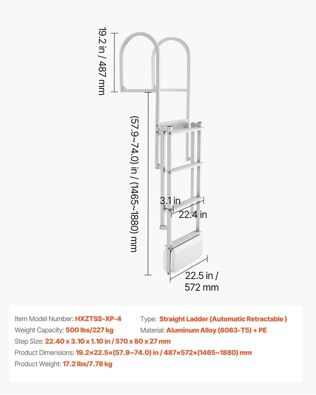 Alt view image 7 of 8 - VEVOR Retractable Dock Ladder, 4 Steps, Aluminum Alloy Pontoon Boat Swim Ladder with Auto-Lift Float, Non-Slip Wide Steps, 500 lbs Weight Capacity, Adjustable Height, for Lake Pool Marine Boarding