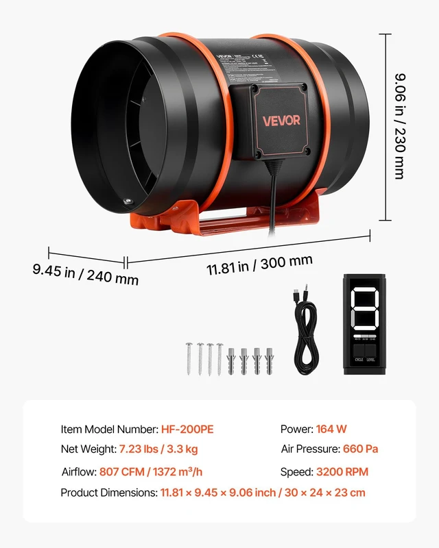 Alt view image 7 of 8 - VEVOR Inline Duct Fan, 807 CFM 8 inch EC Motor Ventilation Fan with 3-Speed Circulation, 10-Speed PWM Controller, Timer-Controlled Operation, Cooling for Grow Tents, Indoor Gardening, Hydroponics