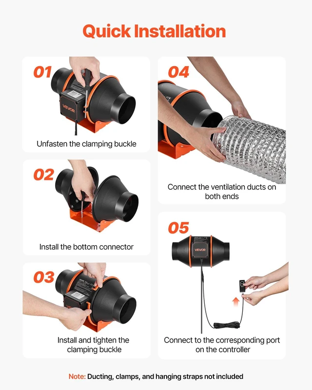 Alt view image 5 of 7 - VEVOR Inline Duct Fan, 205 CFM 4 inch EC Motor Ventilation Fan with 3-Speed Circulation, 10-Speed PWM Controller, Timer-Controlled Operation, Cooling for Grow Tents, Indoor Gardening, Hydroponics