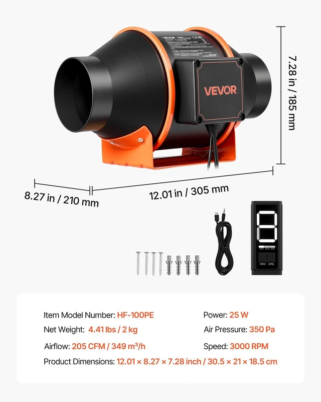 Alt view image 6 of 7 - VEVOR Inline Duct Fan, 205 CFM 4 inch EC Motor Ventilation Fan with 3-Speed Circulation, 10-Speed PWM Controller, Timer-Controlled Operation, Cooling for Grow Tents, Indoor Gardening, Hydroponics