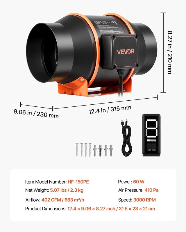 Alt view image 7 of 8 - VEVOR Inline Duct Fan, 402 CFM 6 inch EC Motor Ventilation Fan with 3-Speed Circulation, 10-Speed PWM Controller, Timer-Controlled Operation, Cooling for Grow Tents, Indoor Gardening, Hydroponics