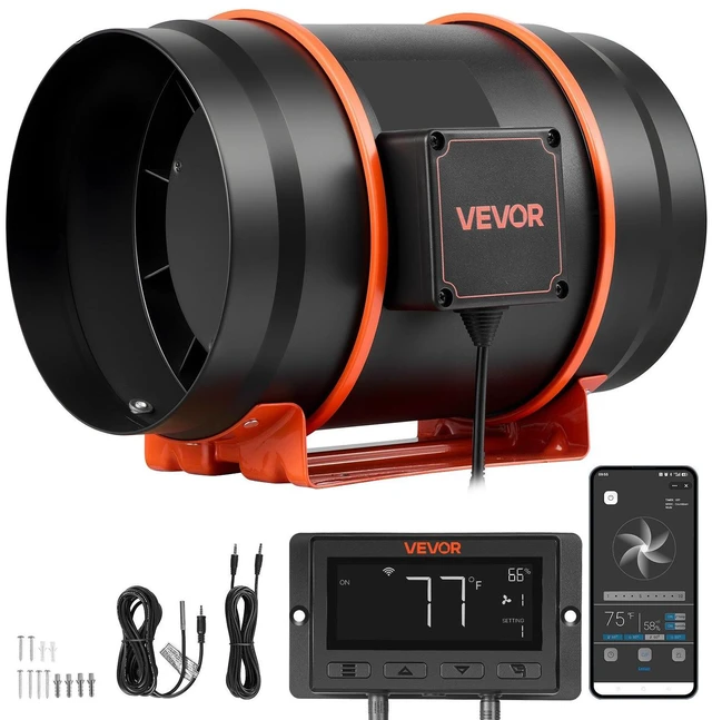 Main image of VEVOR Inline Duct Fan, 807 CFM 8 inch EC Motor Exhaust Ventilation Fan with 10-Speed, PWM Controller, App Control, Temperature Humidity Sensor, Cooling for Grow Tent, Indoor Gardening, Hydroponics