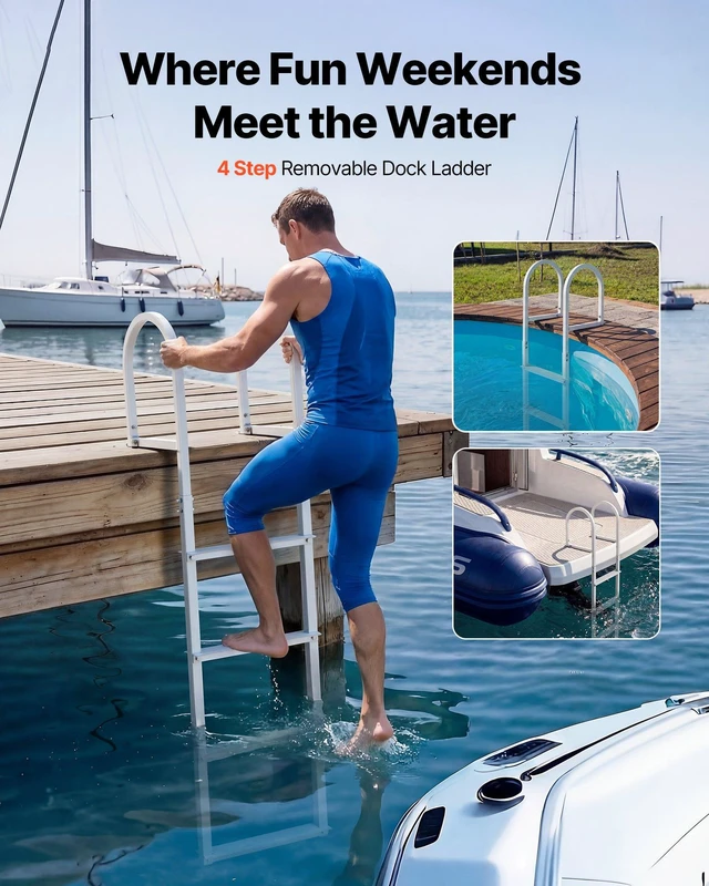 Alt view image 2 of 8 - VEVOR Removable Dock Ladder, 4 Steps, Aluminum Alloy Pontoon Boat Swim Ladder, with Non-Slip Wide Steps, 500 lbs Weight Capacity, Quick Release Design, for Lake Swimming, Pool, Boat, Marine Boarding