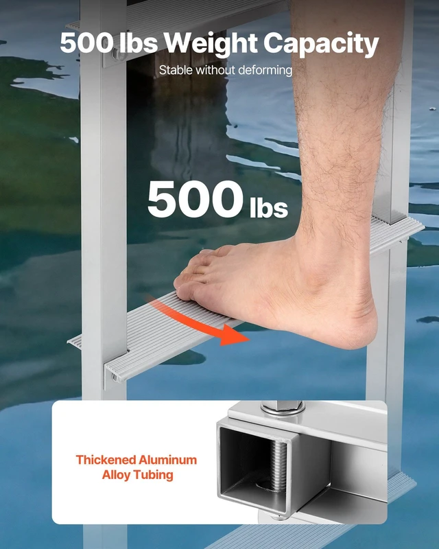 Alt view image 3 of 8 - VEVOR Removable Dock Ladder, 4 Steps, Aluminum Alloy Pontoon Boat Swim Ladder, with Non-Slip Wide Steps, 500 lbs Weight Capacity, Quick Release Design, for Lake Swimming, Pool, Boat, Marine Boarding