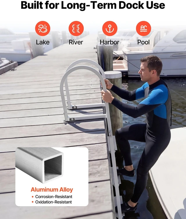 Alt view image 5 of 8 - VEVOR Removable Dock Ladder, 4 Steps, Aluminum Alloy Pontoon Boat Swim Ladder, with Non-Slip Wide Steps, 500 lbs Weight Capacity, Quick Release Design, for Lake Swimming, Pool, Boat, Marine Boarding