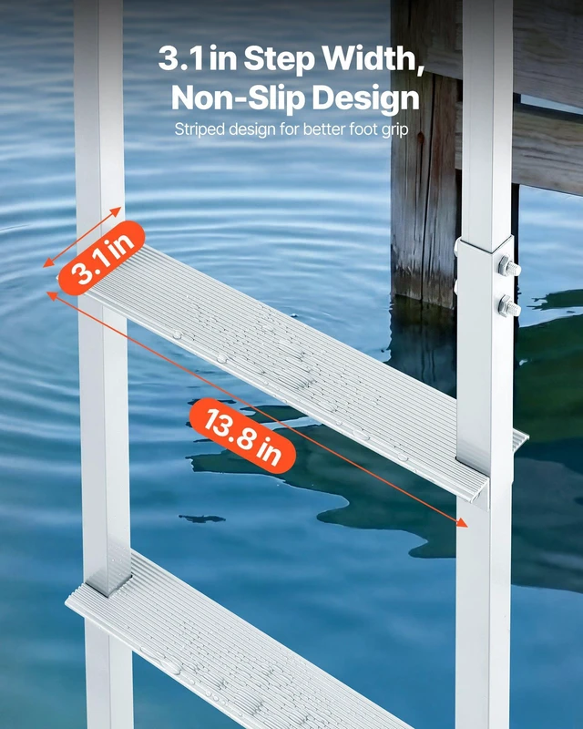 Alt view image 4 of 8 - VEVOR Removable Dock Ladder, 4 Steps, Aluminum Alloy Pontoon Boat Swim Ladder, with Non-Slip Wide Steps, 500 lbs Weight Capacity, Quick Release Design, for Lake Swimming, Pool, Boat, Marine Boarding