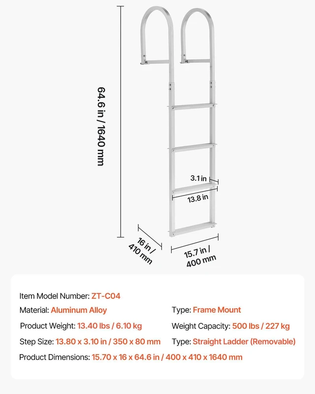 Alt view image 7 of 8 - VEVOR Removable Dock Ladder, 4 Steps, Aluminum Alloy Pontoon Boat Swim Ladder, with Non-Slip Wide Steps, 500 lbs Weight Capacity, Quick Release Design, for Lake Swimming, Pool, Boat, Marine Boarding