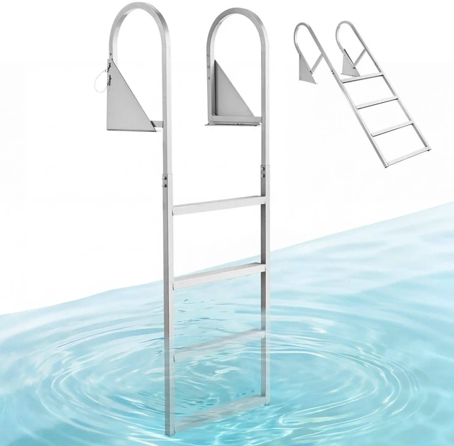 Main image of VEVOR Flip-Up Dock Ladder, 4-Step, Heavy-Duty Aluminum Alloy Pontoon Boat Swim Ladder, with Non-Slip Wide Steps, 350 lbs Weight Capacity, Pull Rope Assist, for Lake Swimming, Pool, Marine Boarding