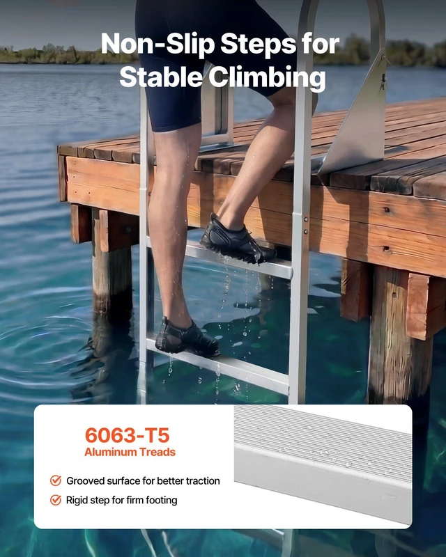 Alt view image 3 of 8 - VEVOR Flip-Up Dock Ladder, 4-Step, Heavy-Duty Aluminum Alloy Pontoon Boat Swim Ladder, with Non-Slip Wide Steps, 350 lbs Weight Capacity, Pull Rope Assist, for Lake Swimming, Pool, Marine Boarding