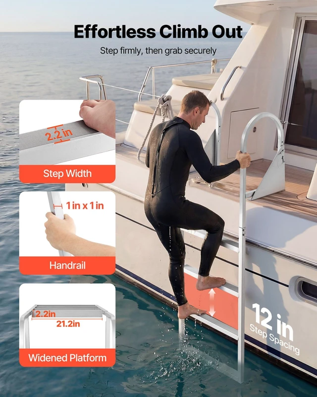 Alt view image 4 of 8 - VEVOR Flip-Up Dock Ladder, 4-Step, Heavy-Duty Aluminum Alloy Pontoon Boat Swim Ladder, with Non-Slip Wide Steps, 350 lbs Weight Capacity, Pull Rope Assist, for Lake Swimming, Pool, Marine Boarding