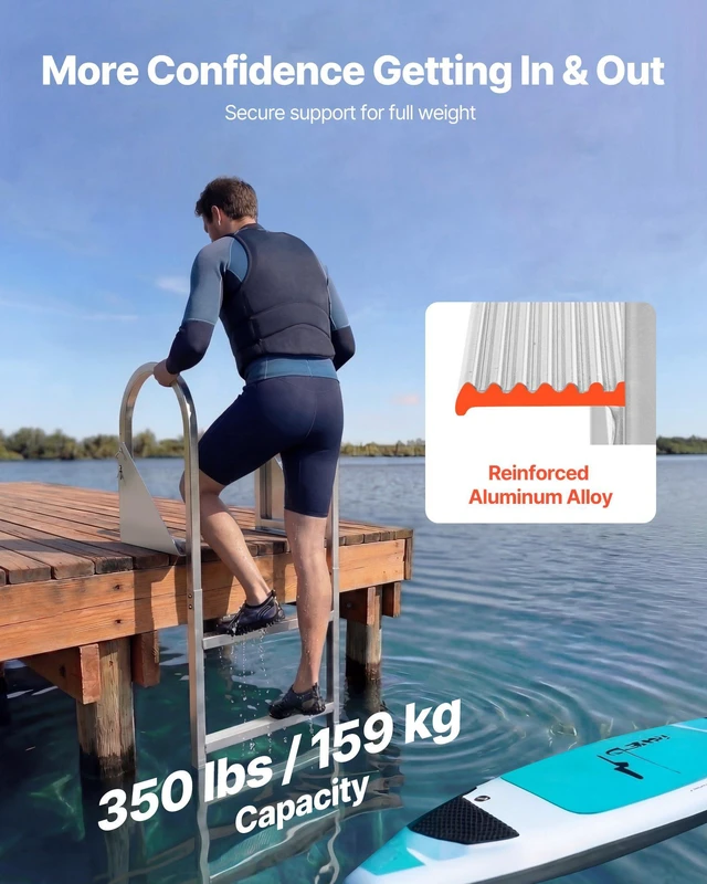 Alt view image 2 of 8 - VEVOR Flip-Up Dock Ladder, 4-Step, Heavy-Duty Aluminum Alloy Pontoon Boat Swim Ladder, with Non-Slip Wide Steps, 350 lbs Weight Capacity, Pull Rope Assist, for Lake Swimming, Pool, Marine Boarding