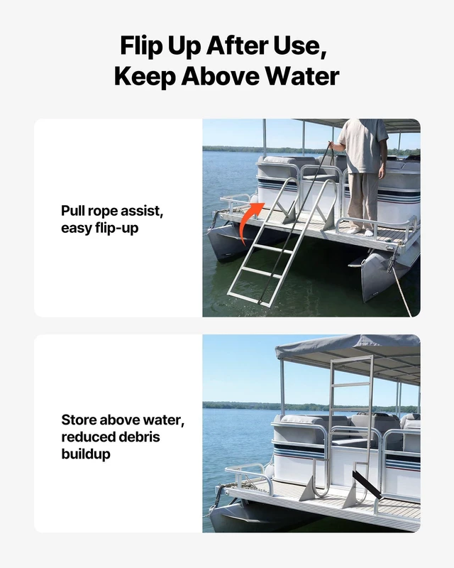 Alt view image 6 of 8 - VEVOR Flip-Up Dock Ladder, 4-Step, Heavy-Duty Aluminum Alloy Pontoon Boat Swim Ladder, with Non-Slip Wide Steps, 350 lbs Weight Capacity, Pull Rope Assist, for Lake Swimming, Pool, Marine Boarding