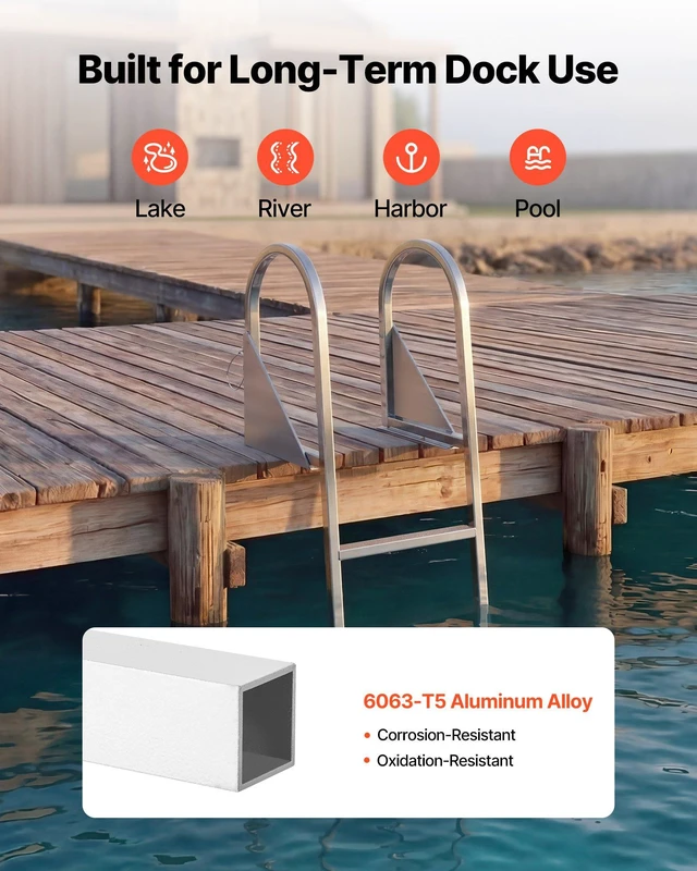 Alt view image 5 of 8 - VEVOR Flip-Up Dock Ladder, 4-Step, Heavy-Duty Aluminum Alloy Pontoon Boat Swim Ladder, with Non-Slip Wide Steps, 350 lbs Weight Capacity, Pull Rope Assist, for Lake Swimming, Pool, Marine Boarding