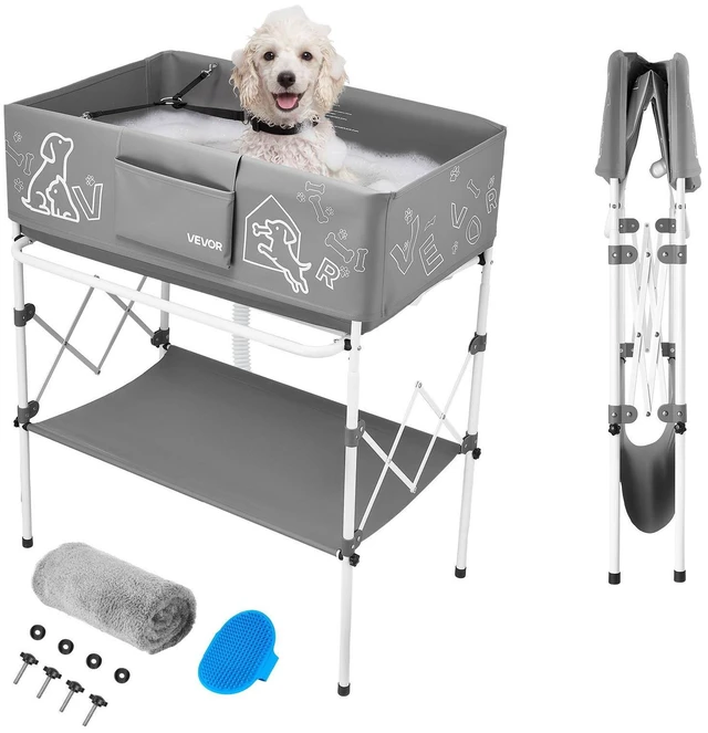 Main image of VEVOR Dog Bathtub, Elevated Dog Bath Tub, Collapsible Pet Bathing Grooming Wash Station, Portable Foldable Space-saving, with Built-In Drain Hose for Small and Medium Pet Cat Indoor & Outdoor, Gray