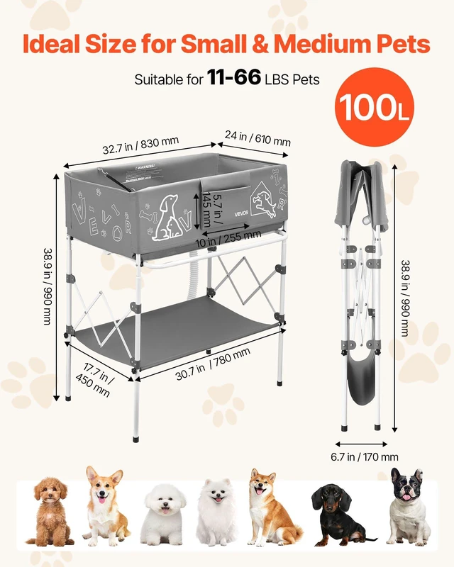 Alt view image 2 of 8 - VEVOR Dog Bathtub, Elevated Dog Bath Tub, Collapsible Pet Bathing Grooming Wash Station, Portable Foldable Space-saving, with Built-In Drain Hose for Small and Medium Pet Cat Indoor & Outdoor, Gray