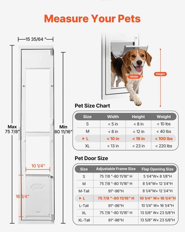 Alt view image 2 of 8 - VEVOR Dog Door for Sliding Glass Door, 75 7/8" to 80 11/16" Adjustable Height, Aluminum Alloy Frame with Flap, Lock Design, for Large-Sized Dogs, 180° Swing-Open Sliding Glass Pet Doors for Renters