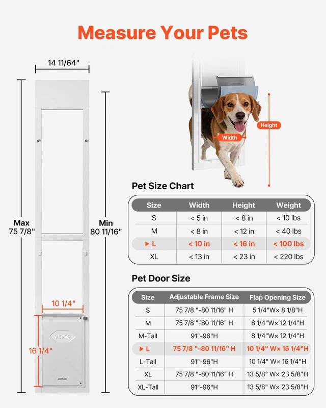 Alt view image 2 of 8 - VEVOR Dog Door for Sliding Glass Door, 75 7/8" to 80 11/16" Adjustable Height, Aluminum Alloy Frame with Flap and Rotating Hinge, Lock Design, for Large-Sized Dogs, Sliding Glass Pet Doors for Renters