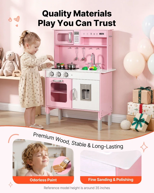 Alt view image 2 of 8 - VEVOR Play Kitchen for Kids, Wooden, Kids Kitchen Playset with Real Lights & Sounds, Food & Cookware, Pretend Play Toy Set, Microwave, Oven, Clicking Knobs, for Toddlers, Girls & Boys Ages 3-8, Pink