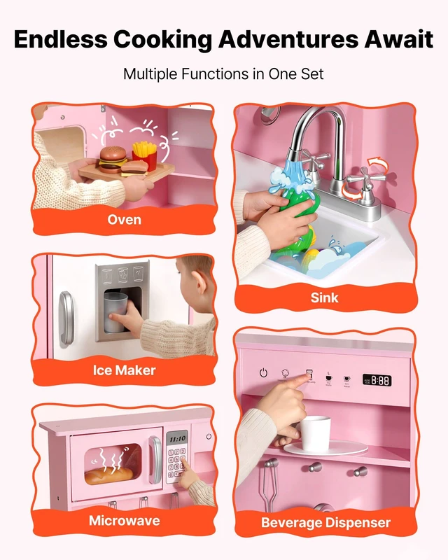 Alt view image 3 of 8 - VEVOR Play Kitchen for Kids, Wooden, Kids Kitchen Playset with Real Lights & Sounds, Food & Cookware, Pretend Play Toy Set, Microwave, Oven, Clicking Knobs, for Toddlers, Girls & Boys Ages 3-8, Pink